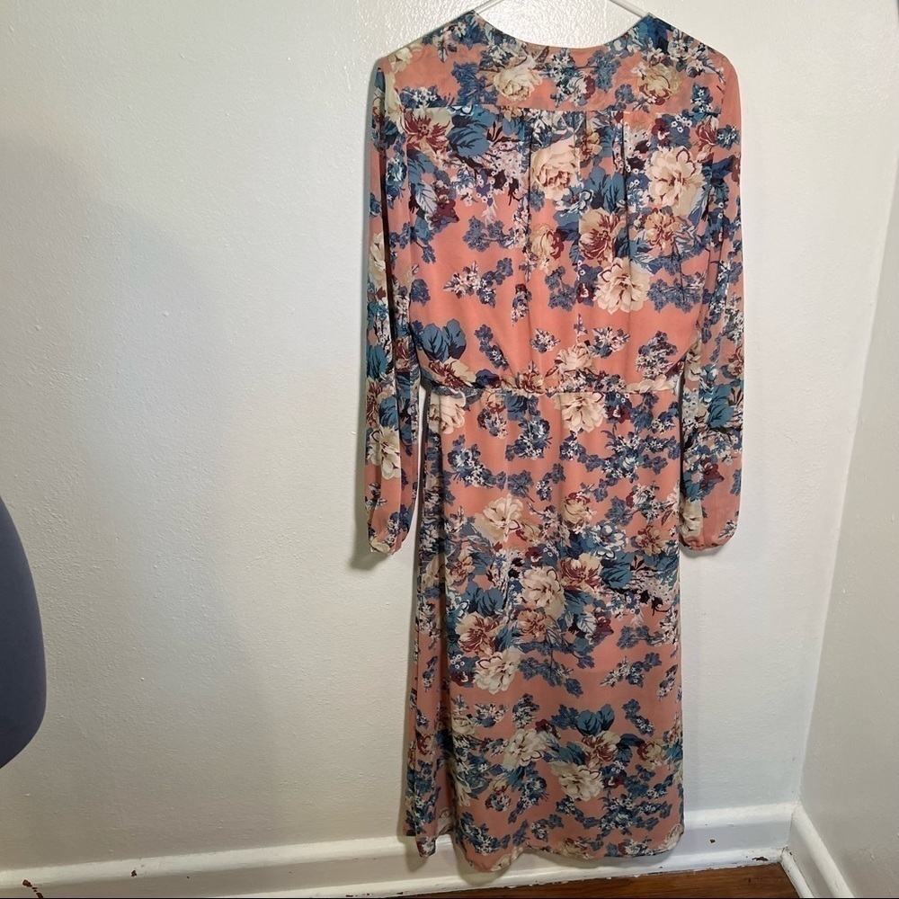 Wayf Women's Size Small Midi Dress Light Pink Teal Beige Floral Long Sleeve - Picture 11 of 14